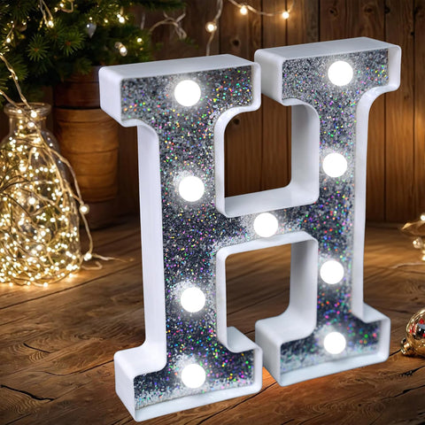 Letter H Style LED Marquee Lamp, Silver Glitter Light Up Letter Sign, Battery Powered Tabletop Decorative Marquee Light with On/Off Switch for Wedding, Birthday, Party and Home Decor