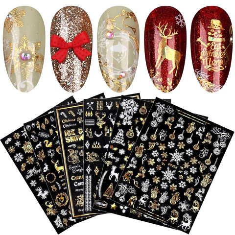 9 Sheets Christmas Nail Art Stickers Gold & White – Self-Adhesive Reindeer