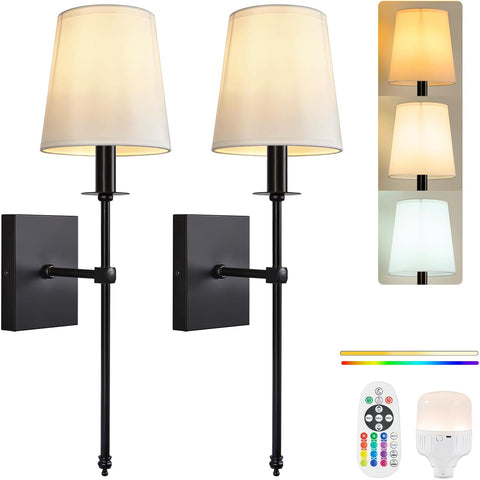 Battery Operated Wall Light Set of 2, Wireless Wall Lights with 15 Colors Dimmable Bulbs,Remote Control, Rechargeable Wall Sconces for Bedroom Living Room