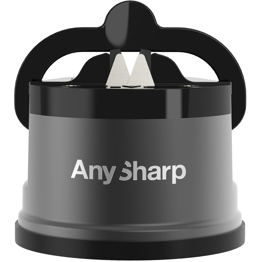 AnySharp Pro Metal Knife Sharpener – Hands-Free PowerGrip Suction | Sharpens All Knives | Hardened Steel & Serrated | Matte Grey