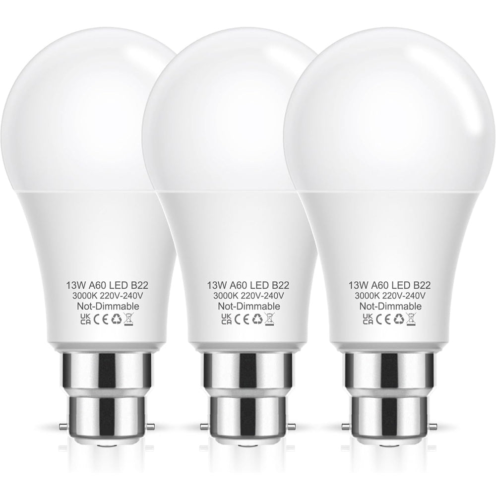 B22 Bayonet Light Bulbs 100W Equivalent, 13W LED Bulbs Bayonet Warm White 3000K, 1200lm BC A60 B22 Light Bulb Bayonet, Non-Dimmable for Indoor Home Lighting, 3 Pack [Energy Class F]