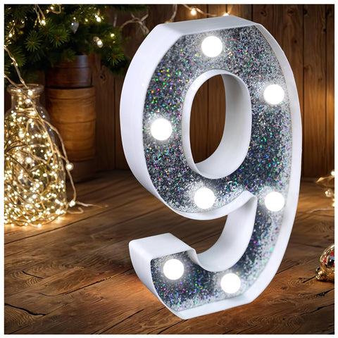 Silver Glitter LED Number Light 9 Battery Powered