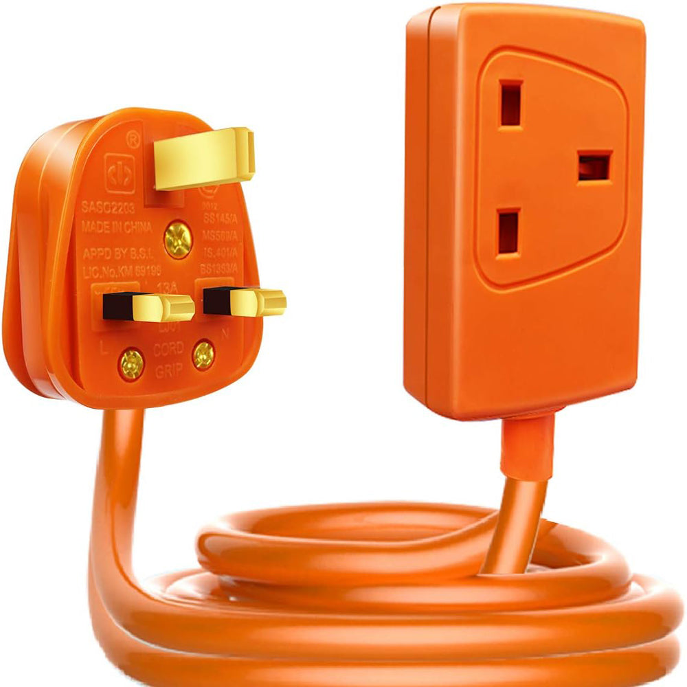 EXTRASTAR 1 Way Gang Single Socket Mains Power Extension Lead 13A Fused UK 3Pin Plug - 15 Metre Cable, Orange
