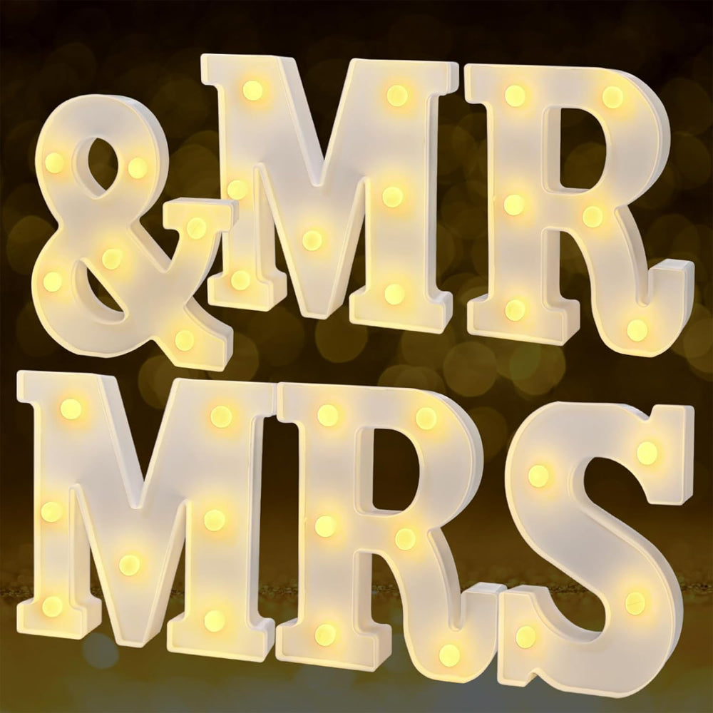 JUSTOTRY 6Pcs Mr & Mrs LED Light Up Letters, Shiny Freestanding Mr and Mrs Sign Lights for Marriage Anniversary Celebration Engagement Banquet Wedding Table Decoration (Warm White)