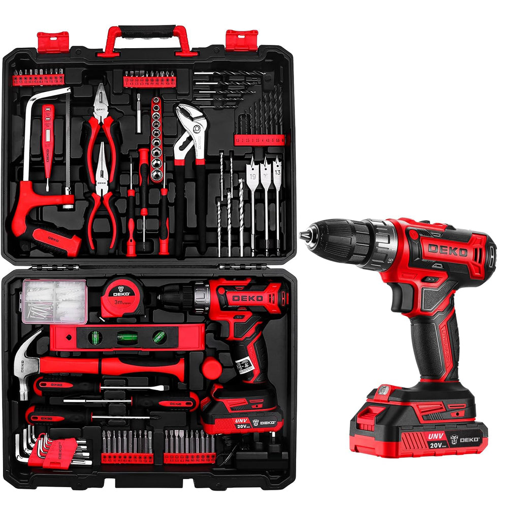 Cordless Drill Tool Kit Set: DEKO 20V Power Drill Tool Box with Battery Electric Drill Driver for Men Home Hand Repair Basic Toolbox Tools Sets Drills Case,186 Pieces(Red)