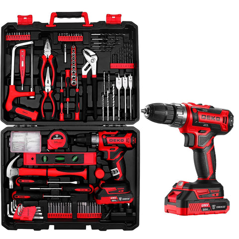 Cordless Drill Tool Kit Set: DEKO 20V Power Drill Tool Box with Battery Electric Drill Driver for Men Home Hand Repair Basic Toolbox Tools Sets Drills Case,186 Pieces(Red)