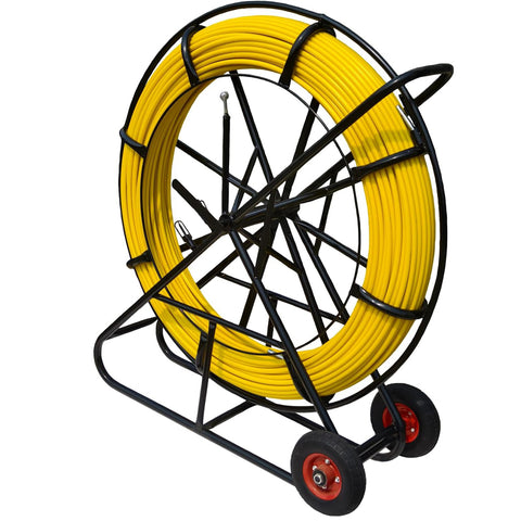 KATSU 14X200M FIBERGLASS DUCT RODDER WITH WHEELS & STEEL STAND – ELECTRICIAN CABLE INSTALLATION FISH TAPE WIRE PULLER TOOL – YELLOW HEAVY DUTY CABLE RUNNING SYSTEM UK