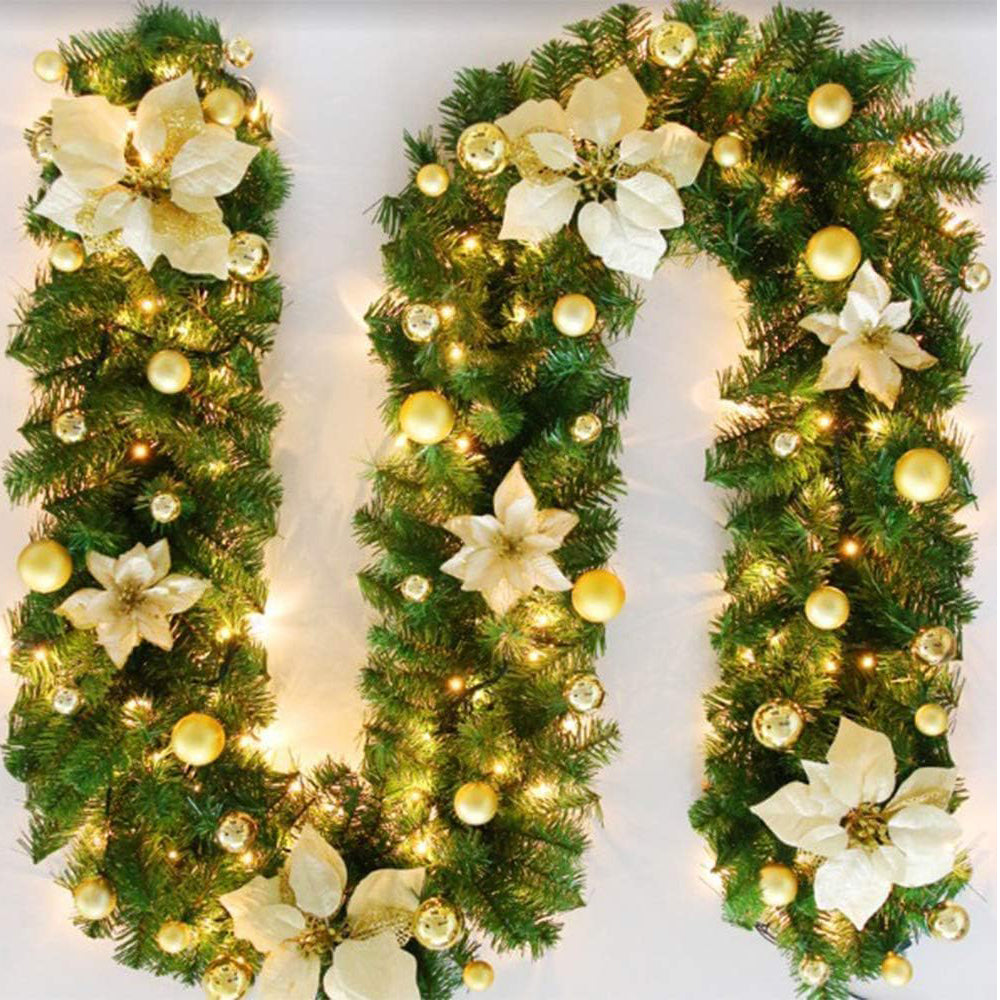 9FT Gold Christmas Garland with LED Lights – Festive Indoor Outdoor Decor