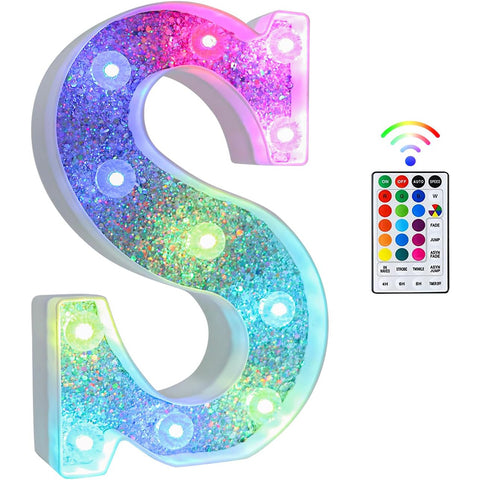 S Style Color Changing LED Letter Light, Glitter Marquee Lamp with 18 Colors, Remote Controlled, Battery Powered Decorative Letter Light for Party, Wedding, Birthday and Home Decor
