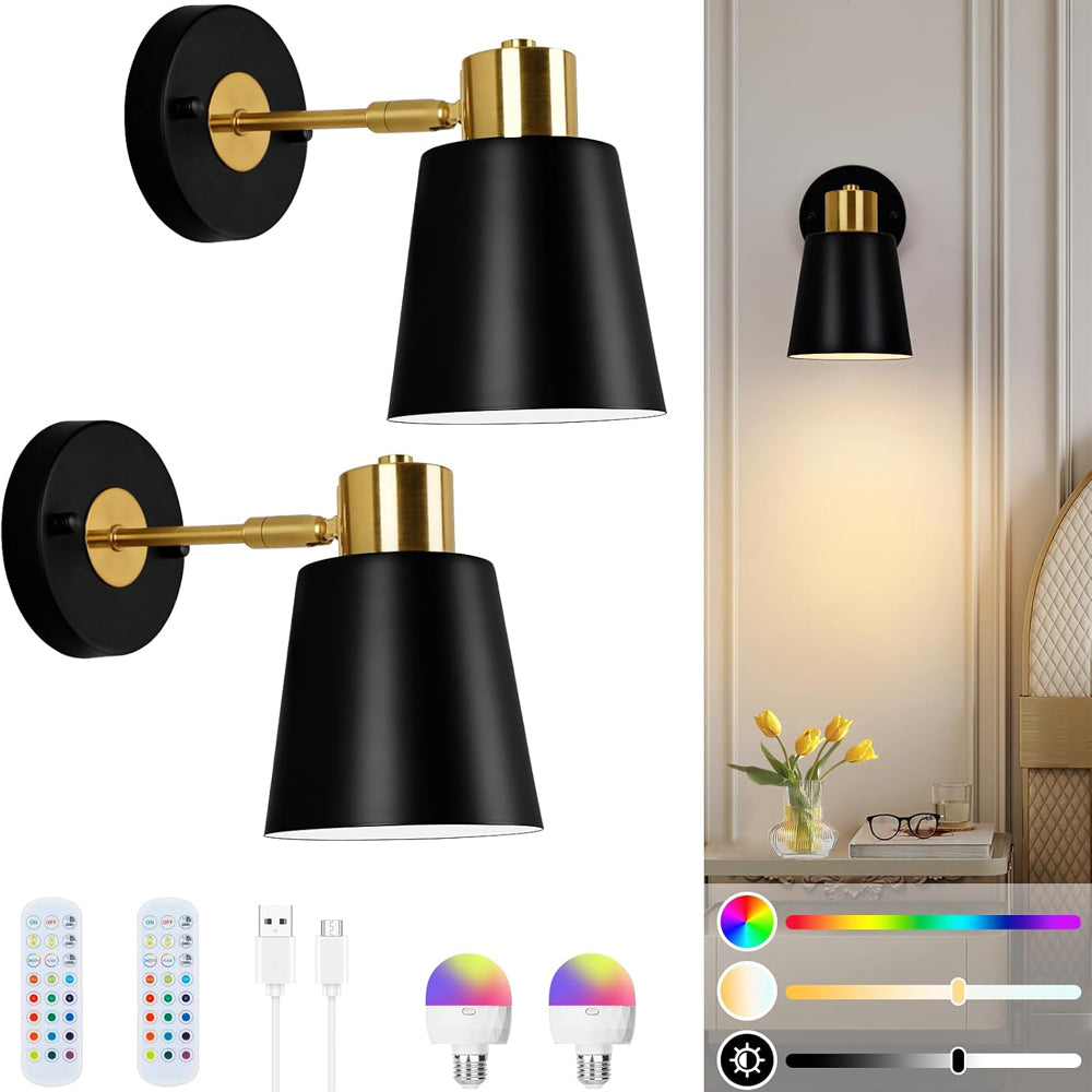Battery Operated Wall Lights Indoor Rechargeable Wall Lights, Wireless Wall Sconces Set of 2, with Detachable Bulbs and Remote, Black Wall Light for Bedroom Living Room