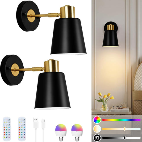 Battery Operated Wall Lights Indoor Rechargeable Wall Lights, Wireless Wall Sconces Set of 2, with Detachable Bulbs and Remote, Black Wall Light for Bedroom Living Room