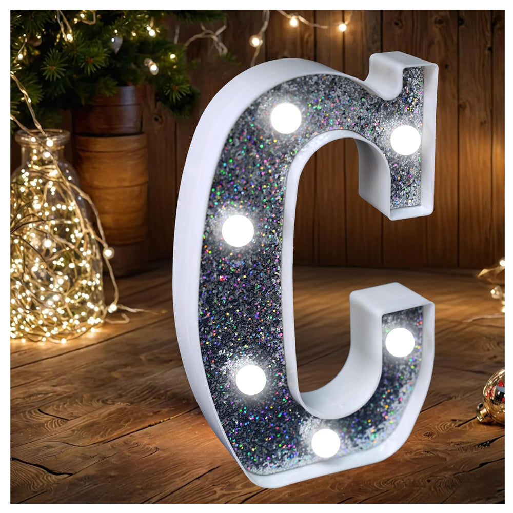 C Style LED Marquee Lamp, Silver Glitter Light Up Letter Sign, Battery Powered Tabletop Decorative Letter Light with On/Off Switch for Wedding, Birthday, Party and Home Decor