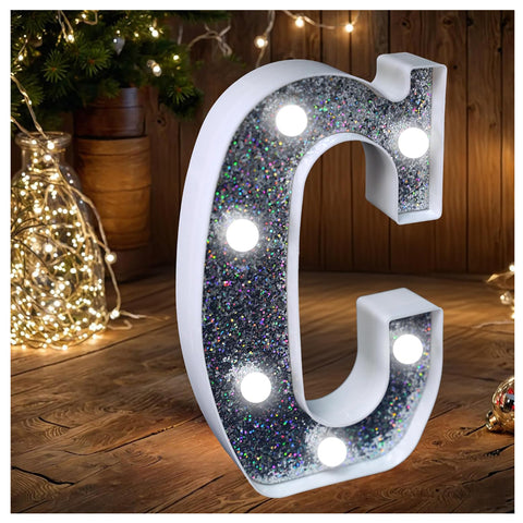C Style LED Marquee Lamp, Silver Glitter Light Up Letter Sign, Battery Powered Tabletop Decorative Letter Light with On/Off Switch for Wedding, Birthday, Party and Home Decor