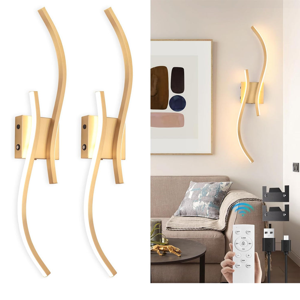 Gold Battery Operated LED Wall Sconces Set of 2 with Remote