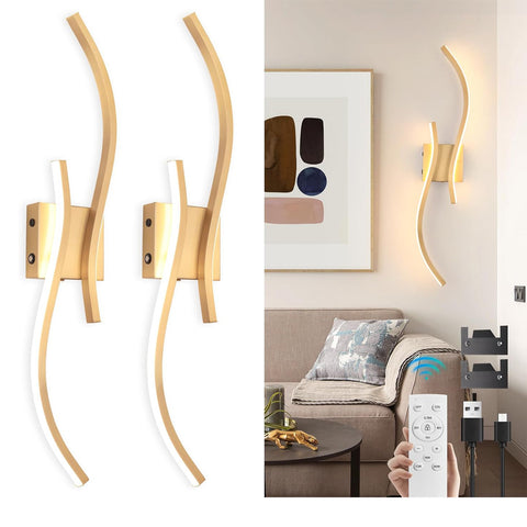 Gold Battery Operated LED Wall Sconces Set of 2 with Remote