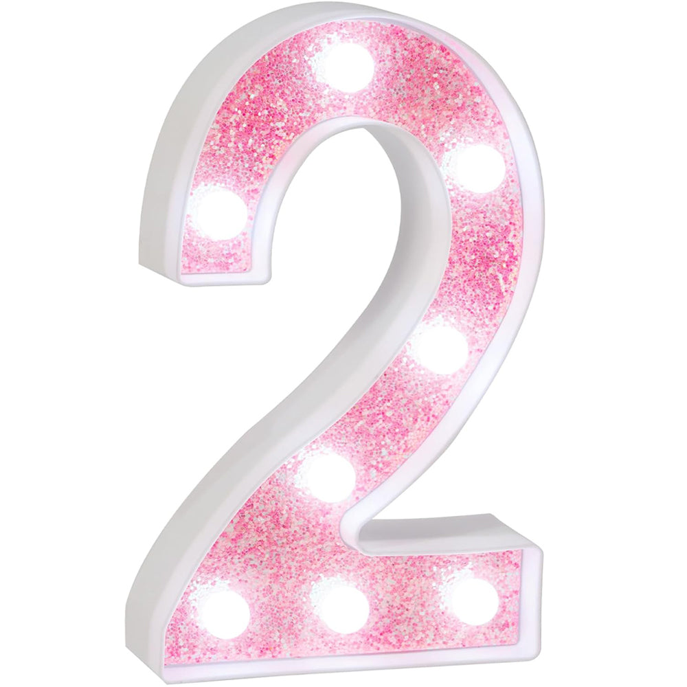 Number 2 Pink Glitter LED Marquee Light, Cool White LED, Battery Powered Tabletop or Wall Decorative Number Lamp for Birthday, Graduation, Party and Home Decor