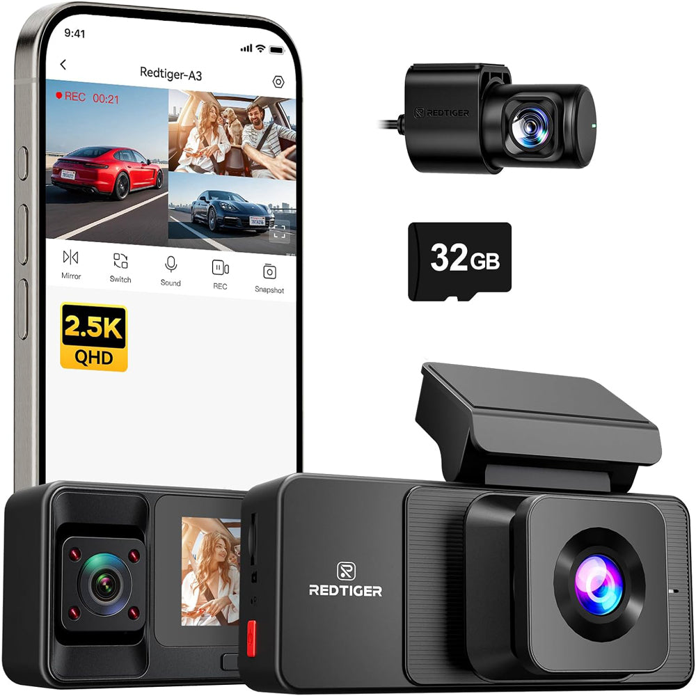REDTIGER A3 2.5K 3 Channel Dash Cam Front, Rear & Inside with WiFi