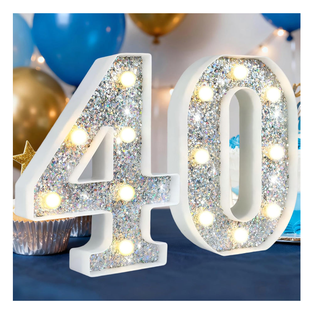 Silver Glitter Marquee Number Light 40 – Battery Powered