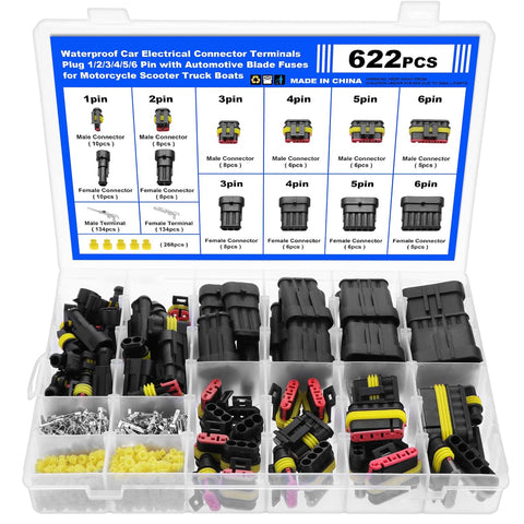 Faankiton 622PCS Waterproof Car Electrical Connector, 1/2/3/4/5/6 Pin Way Waterproof Electrical Connector Kit, Electrical Automotive Wire Connectors Plug, Terminals Plug for Motorcycle Scooter Truck