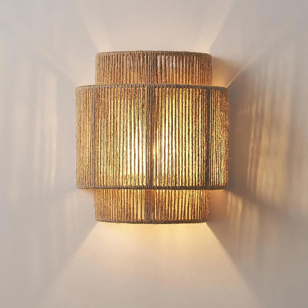 9 Inch Rattan Wall Sconce Boho Hemp Rope Rustic Wall Light