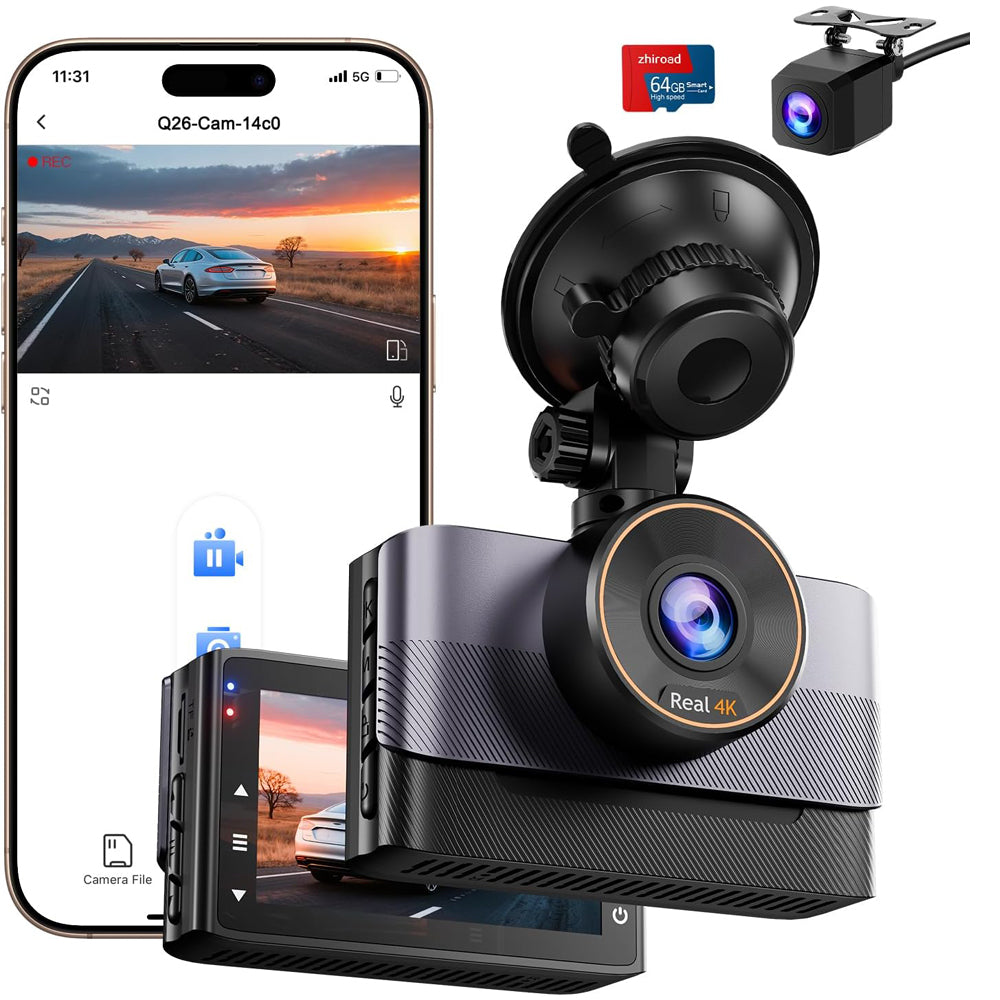 Dash Cam Front and Rear 4K+1080P WiFi with 64GB Card