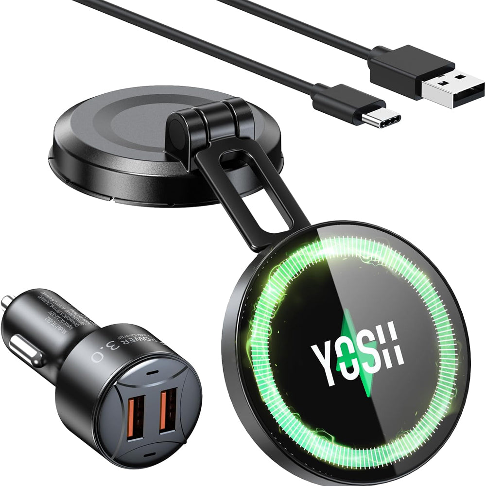 YOSH for MagSafe Car Charger Mount, 15W Fast Charging Magnetic Dashboard Phone Holder with 36W QC3.0 Adapter for iPhone & Android