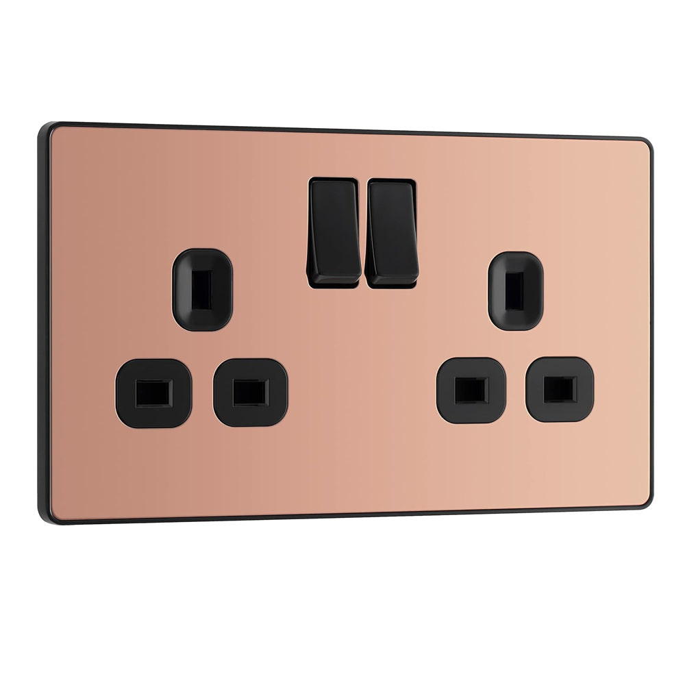 BG Electrical Double Switched Power Plug Wall Socket, Screwless, Evolve, Polished Copper, 13A, PCDCP22B