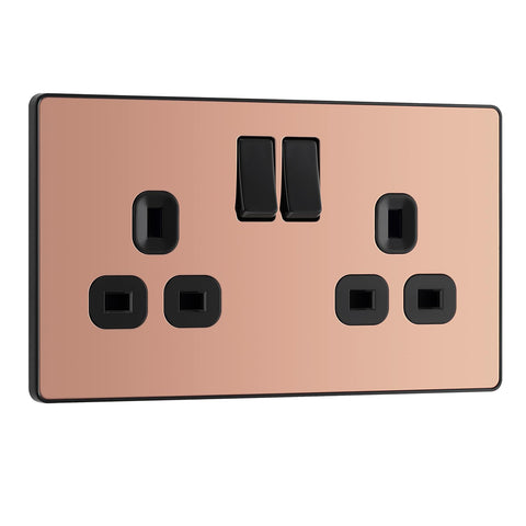 BG Electrical Double Switched Power Plug Wall Socket, Screwless, Evolve, Polished Copper, 13A, PCDCP22B