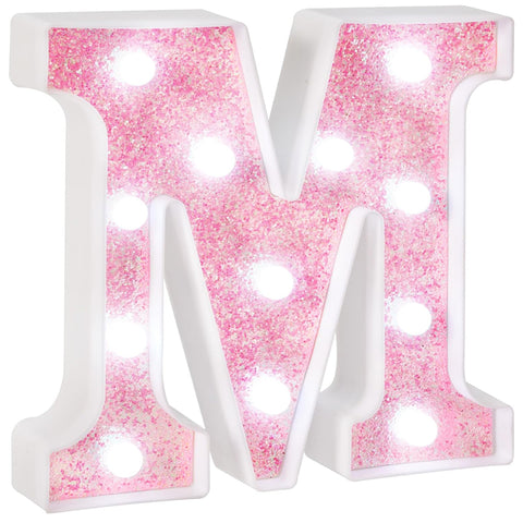 Pink Glitter Marquee Light Up Letters, Battery Operated LED Letter Lights Signs for Pink Birthday Party Table Decorations, Wall Decor for Girls Bedroom, Initial Letter M with Cool White Lights