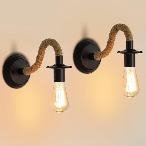 2 Packs Wall Lamp, Industrial Wall Light Sconce Fixture, E27 Hemp Rope Retro Adjustable Wall Lamp for Corridor Living Room Bedroom Cafe Bar Loft