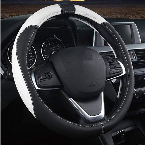 Leather Car Steering Wheel Cover 15 Inch – Black White Anti-Slip Protector