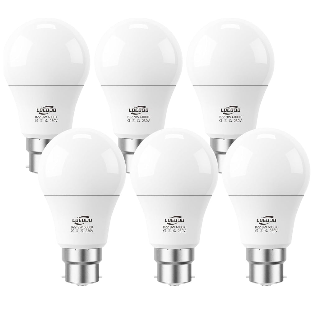 B22 LED Bulbs 60W Equivalent, 9W Cool White 6000K, Pack of 6