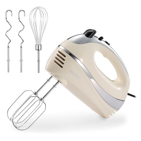 VonShef Professional 300W Hand Mixer – Cream | 5 Speed with Turbo | Includes Chrome Beaters, Dough Hooks & Balloon Whisk