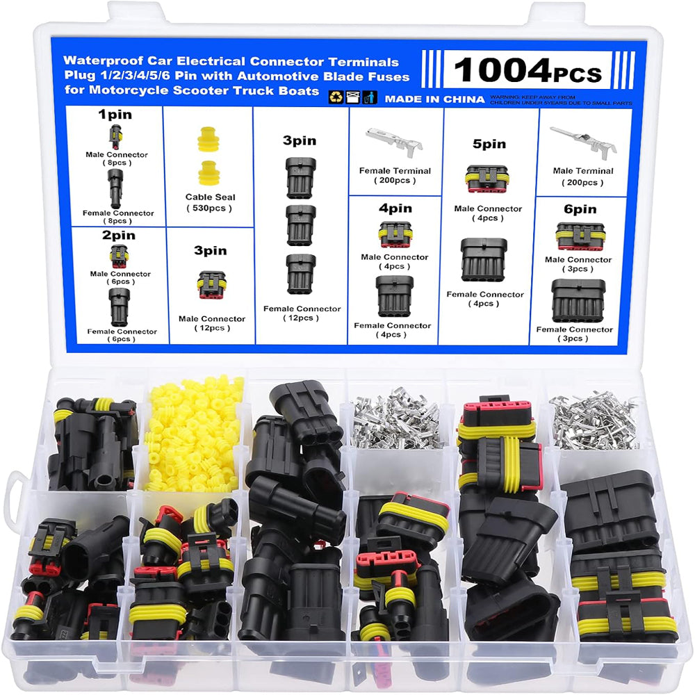 Faankiton 1004PCS Waterproof Car Electrical Connector, 1/2/3/4/5/6 Pin Way Waterproof Electrical Connector Kit, Electrical Automotive Wire Connectors Plug, Terminals Plug for Motorcycle Scooter Truck