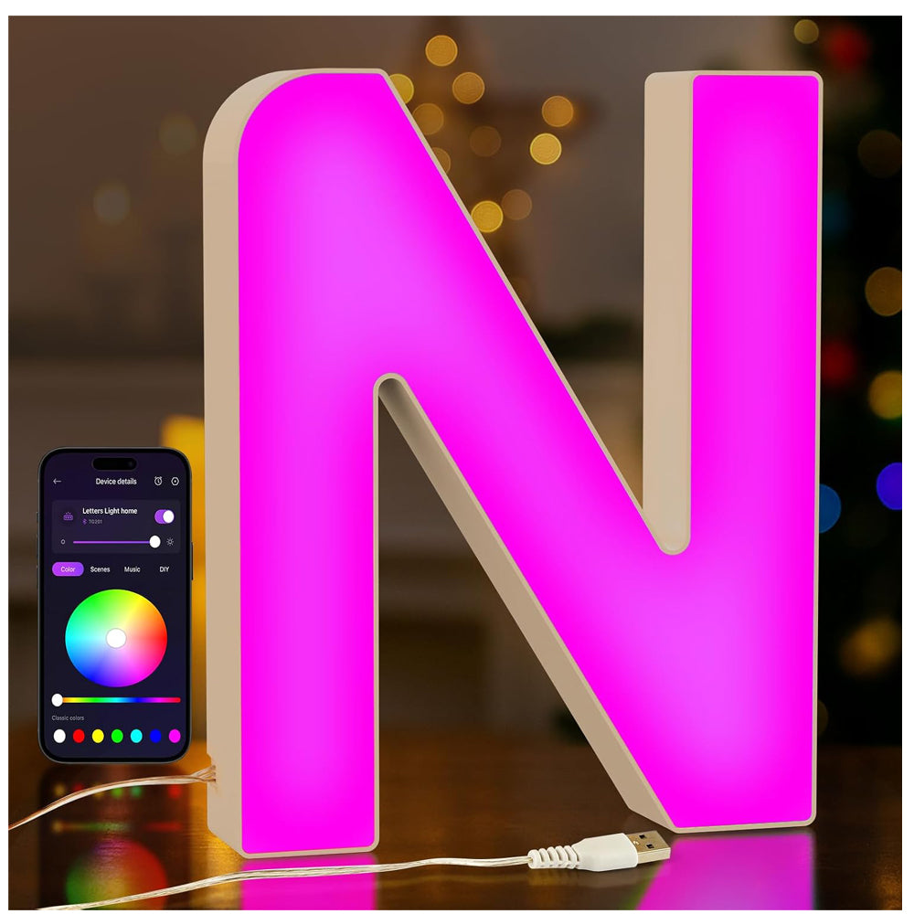 LED Light Up Letter N – USB Colour Changing Night Light with APP, Gift for Girls, Teens, Mum, Bedroom Decor, Wall/Table Display, Birthday & Christmas