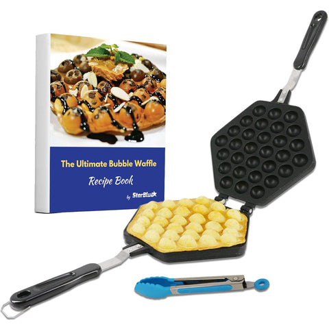 StarBlue Bubble Waffle Maker Pan – Nonstick Egg Waffle Pan with Heat-Resistant Handle, Includes Free Recipe Ebook & Tongs