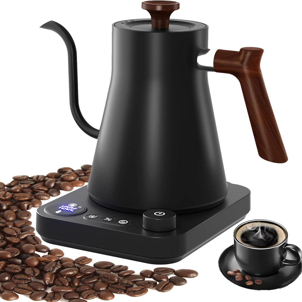 RHD Electric Gooseneck Kettle 0.9L – LCD Display, Real-Time Temp Control, 1200W Fast Heat, 304 Stainless Steel, Matte Black