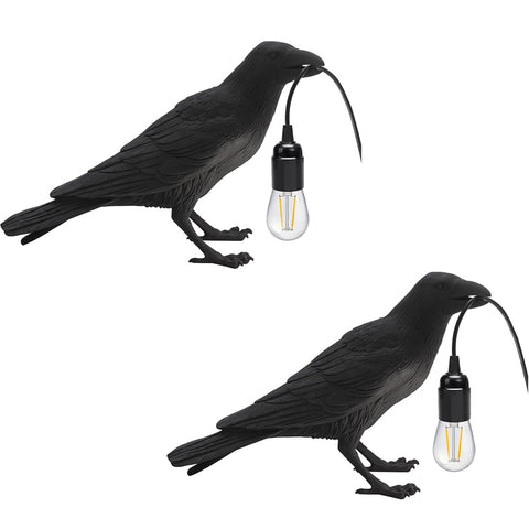 2Pack Raven Table Lamp Gothic Black Crow 30cm Resin Bird Night Light with E27 Bulb Holder 3D Realistic Lamp