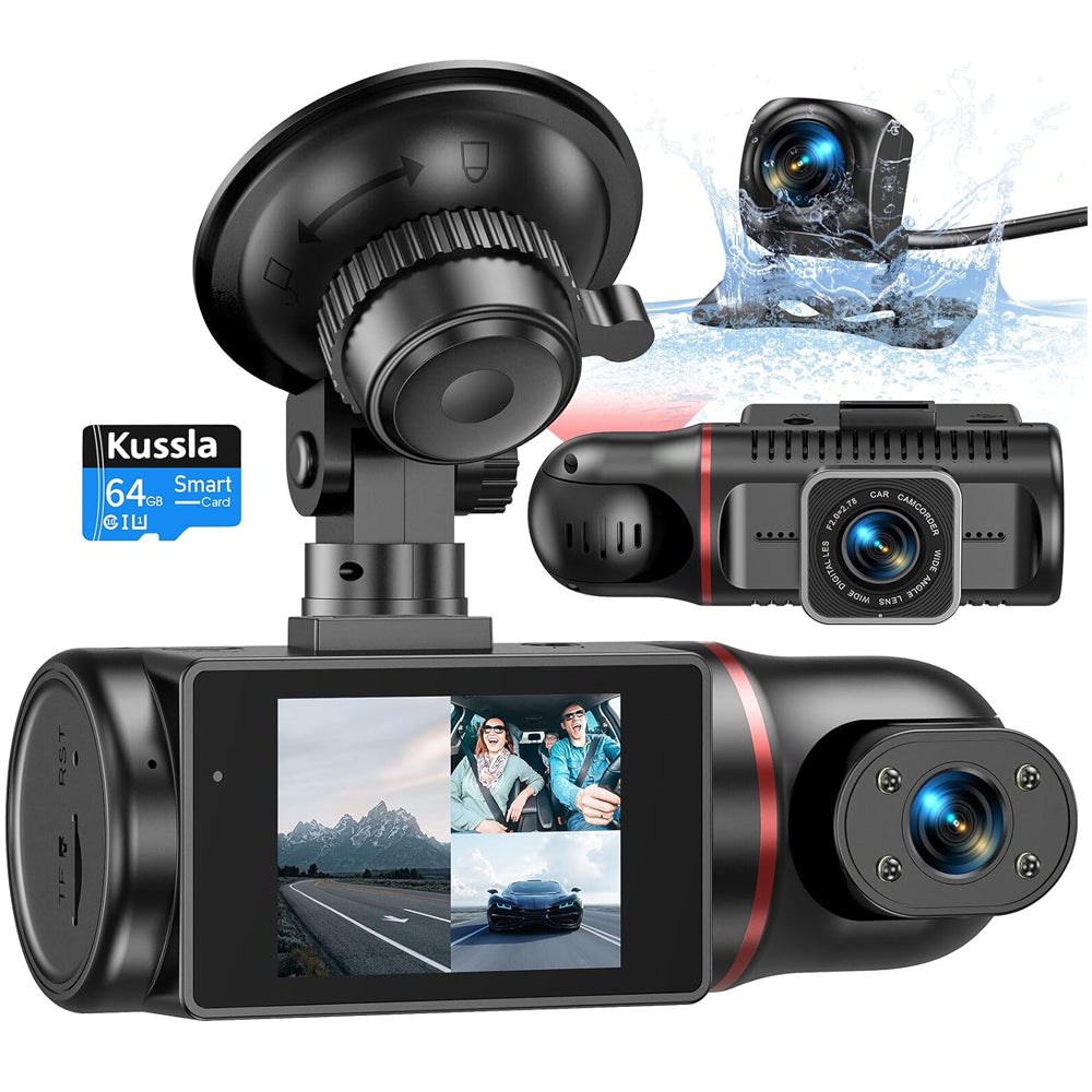 Kussla 3 Channel Dash Cam Front Rear Inside 1080P with 64GB Card