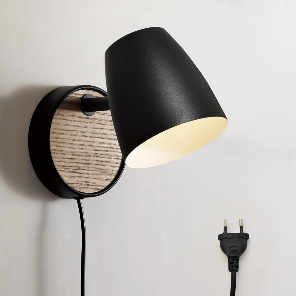Plug in Wall Lamp Black,Bedside Wall Light with Switch,Modern Wood Sconce for Bedroom with 180°Rotation Metal Shade,Indoor E26 Wall Lamp for Living Room,Dining Room,Hallway,Stairway