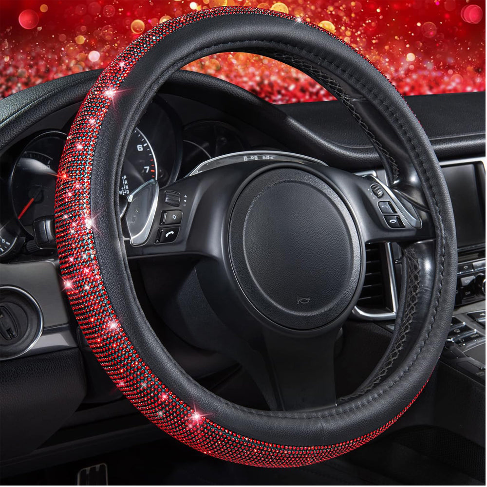 Bling Diamond Leather Steering Wheel Cover – Red Crystal Rhinestones