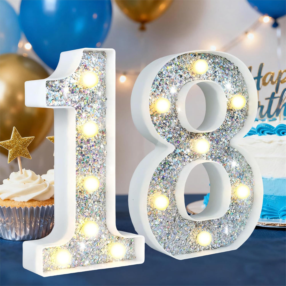 Silver Glitter LED Number Light – 8.86 Inch Marquee Number 18