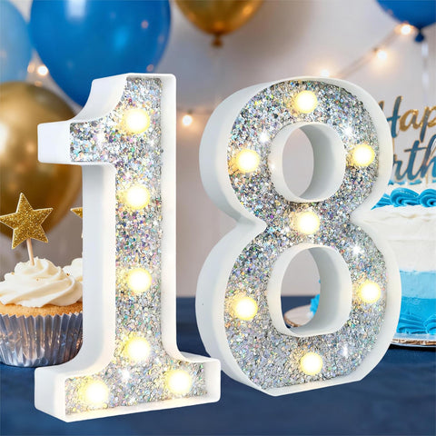 Silver Glitter LED Number Light – 8.86 Inch Marquee Number 18