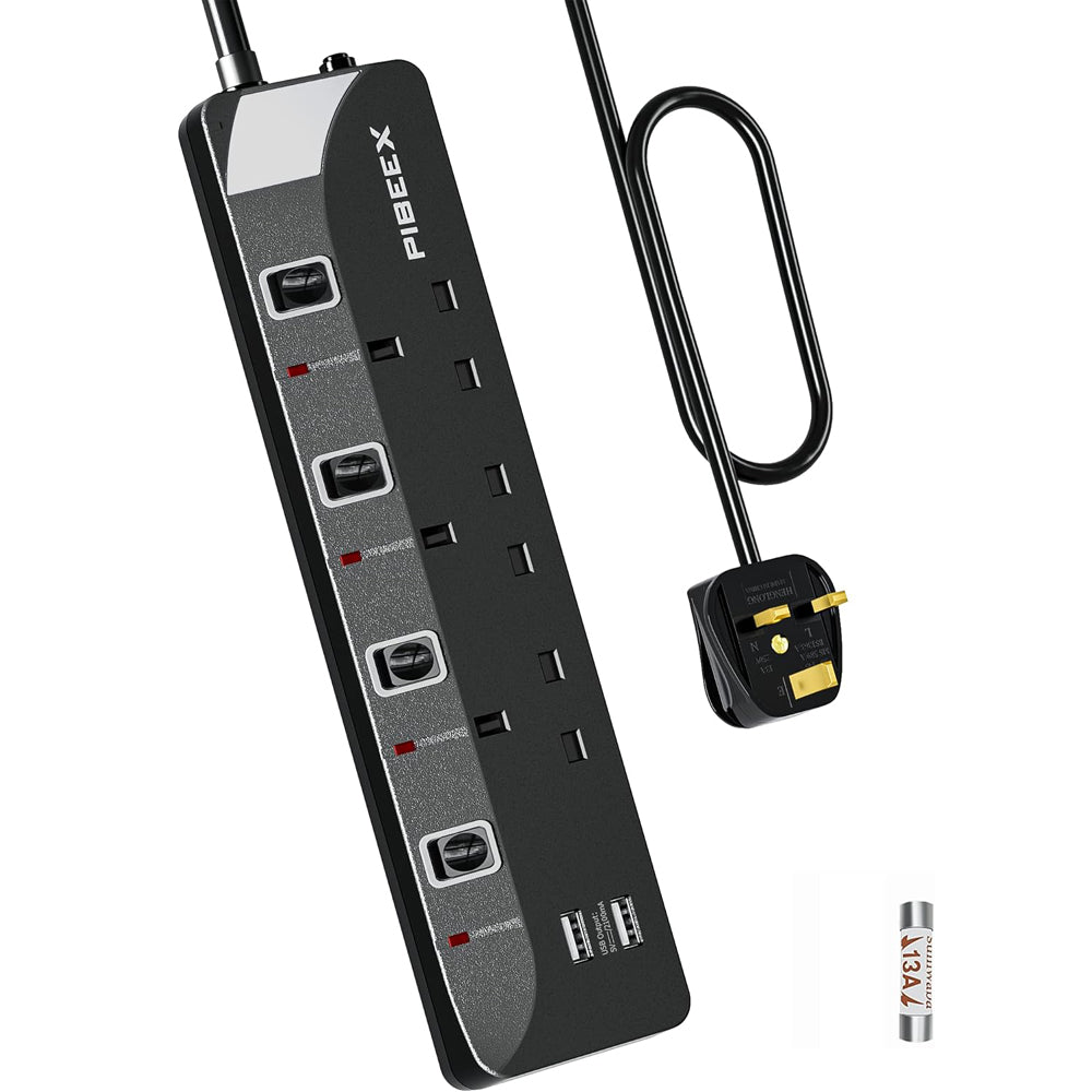 3M Extension Lead with USB Ports, 3 Way Outlets Power Strip with 2 USB Slots UK Power Socket with Individual Switch 3 Meters Plug Extension Wall Mounted Power Strip Black