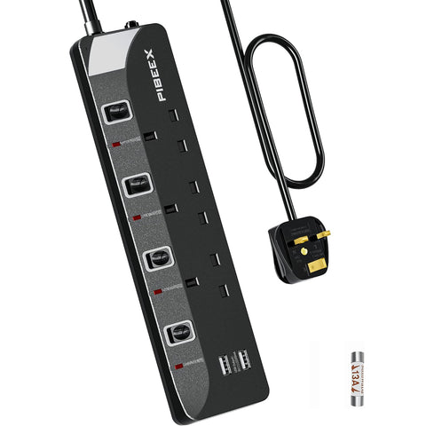 3M Extension Lead with USB Ports, 3 Way Outlets Power Strip with 2 USB Slots UK Power Socket with Individual Switch 3 Meters Plug Extension Wall Mounted Power Strip Black