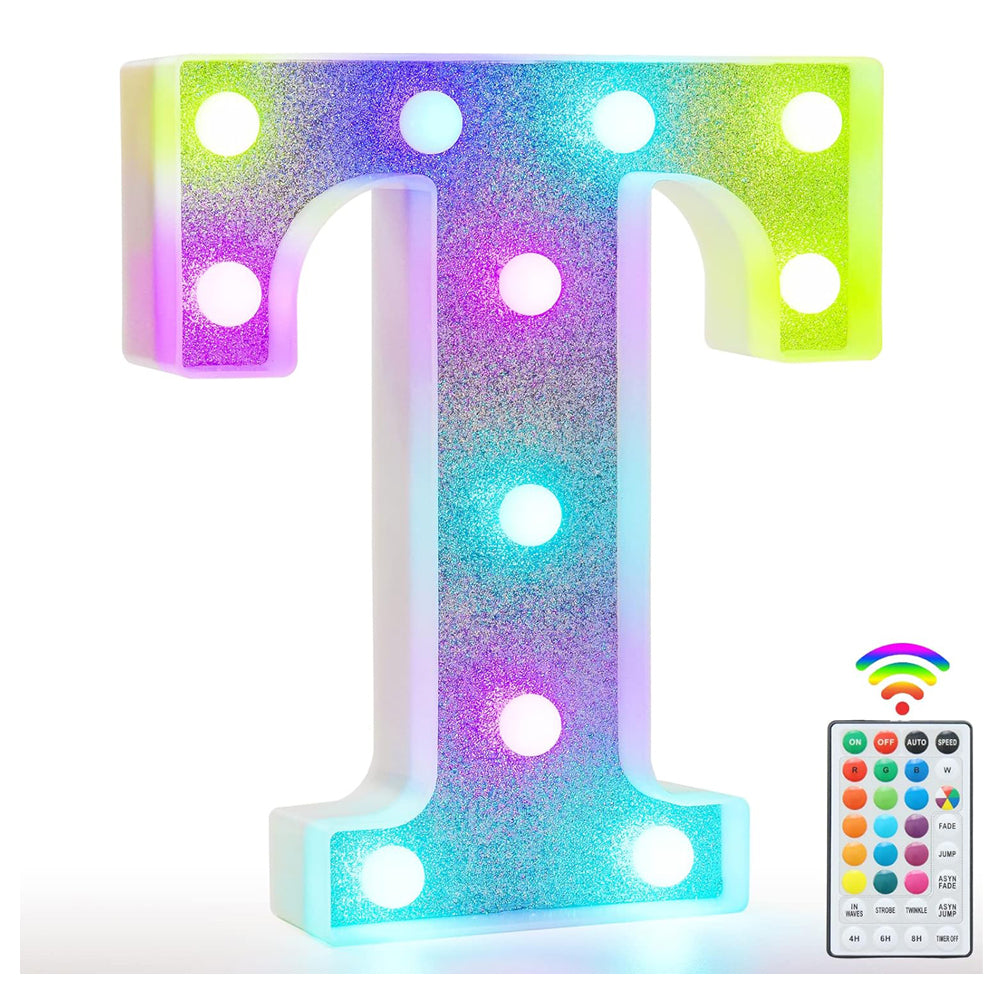Colorful Light Up Letters, Glitter LED Letter Lights 18 Color Changing Shiny Alphabet Sign Gifts for Girls Women Party Birthday Decorations Remote Night Light Christmas Valentine Wall Table Decor - T
