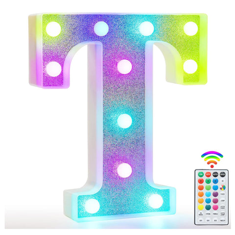 Colorful Light Up Letters, Glitter LED Letter Lights 18 Color Changing Shiny Alphabet Sign Gifts for Girls Women Party Birthday Decorations Remote Night Light Christmas Valentine Wall Table Decor - T