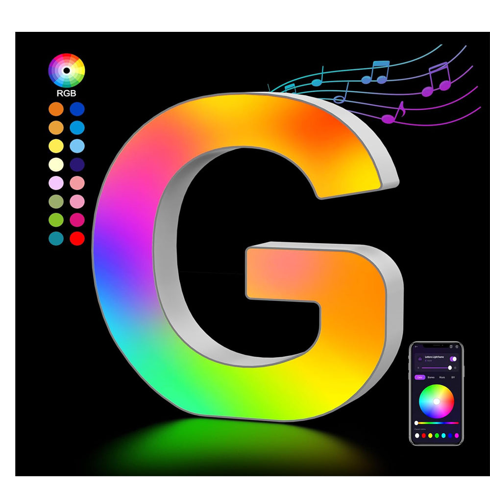 Light Up Letters USB Powered, LED Letter Lights Color Changing Alphabet Sign Gifts for Girls Women Party Birthday Decorations, APP Control, Night Light Christmas Valentine Wall Table Decor - G
