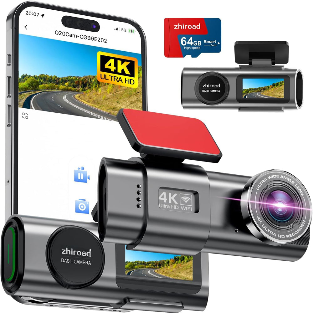 4K UHD Front Dash Cam with WiFi, 64GB SD Card & Night Vision