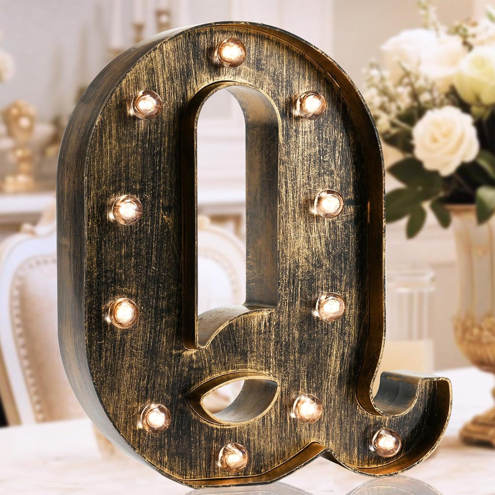 Golden Black LED Marquee Letter Q – Vintage Industrial Style Light Sign